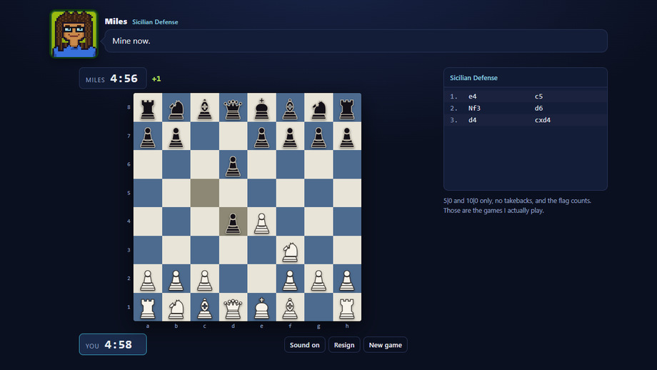 Chess vs. Miles: a pixel-art Miles talks over a chess board mid-Sicilian