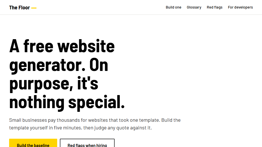 The Floor landing page: a free website generator that is, on purpose, nothing special