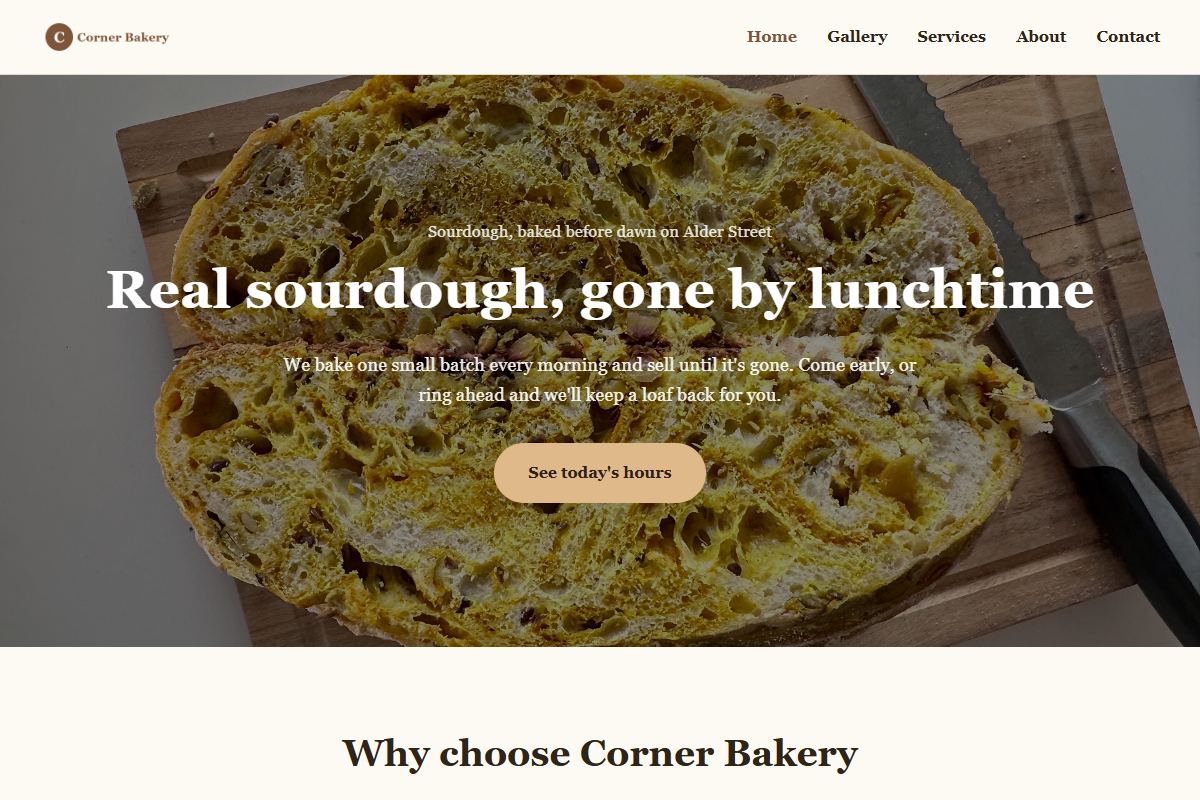 The home page of Corner Bakery