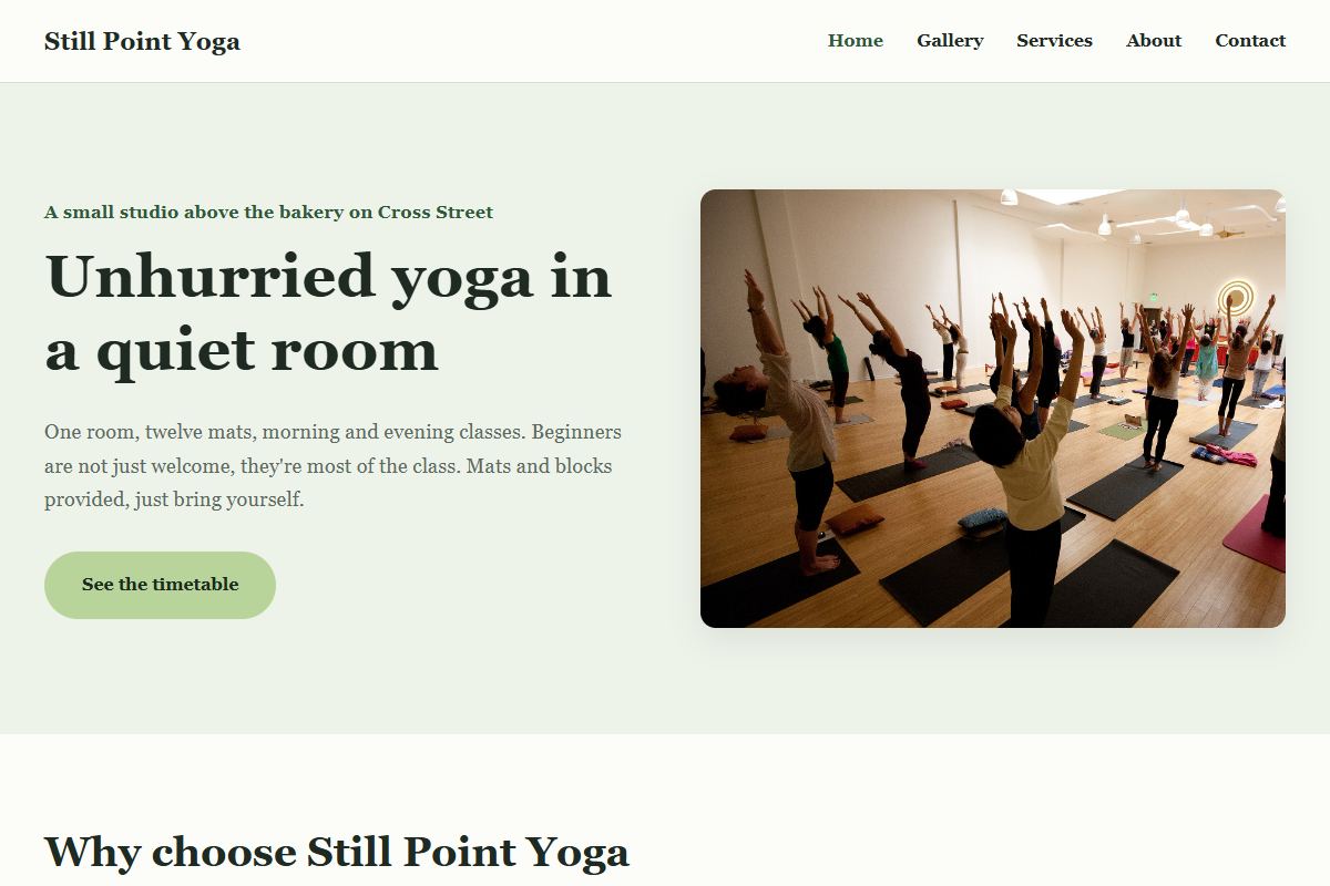 The home page of Still Point Yoga
